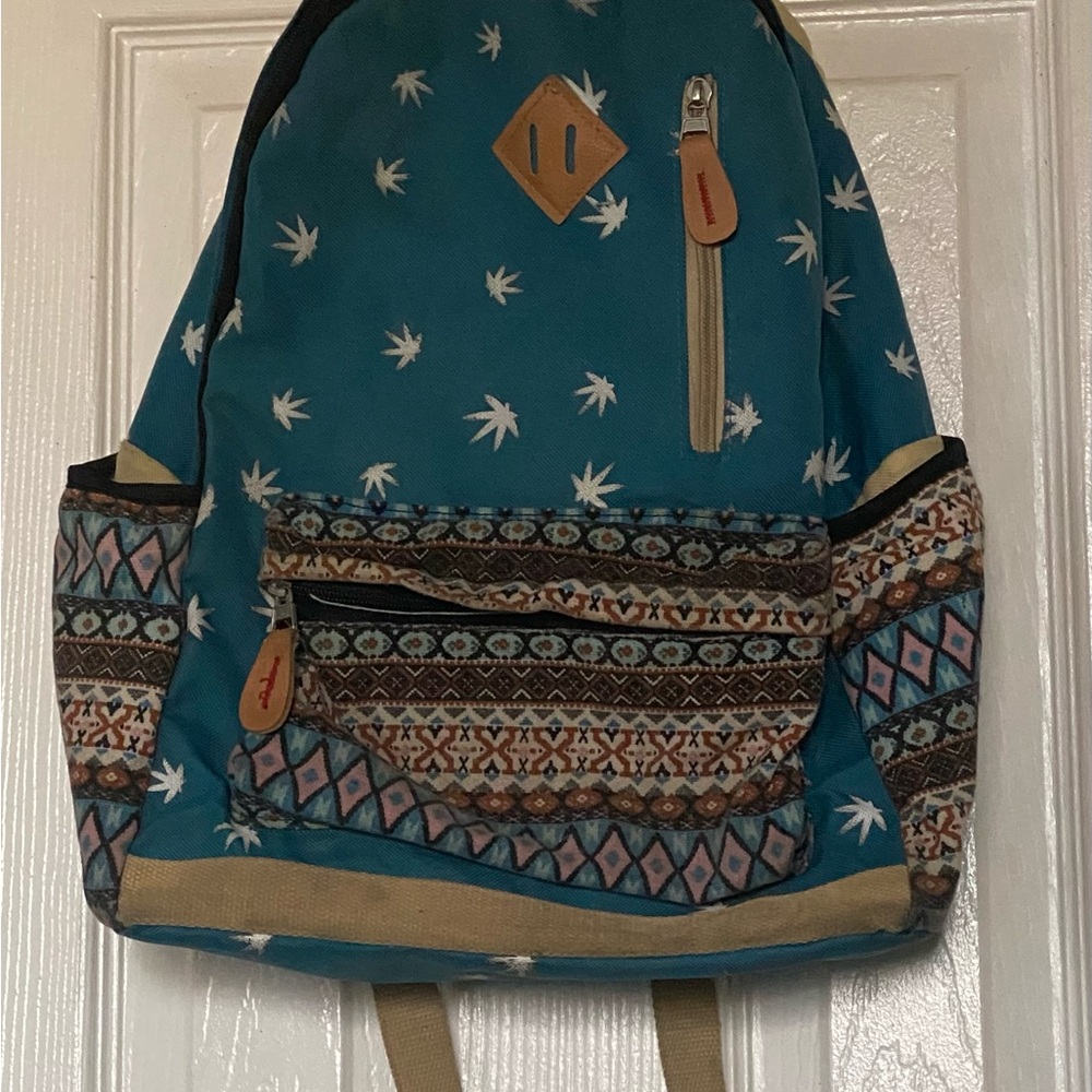 Teal Canvas Backpack With Patterned Front Pocket … - image 1